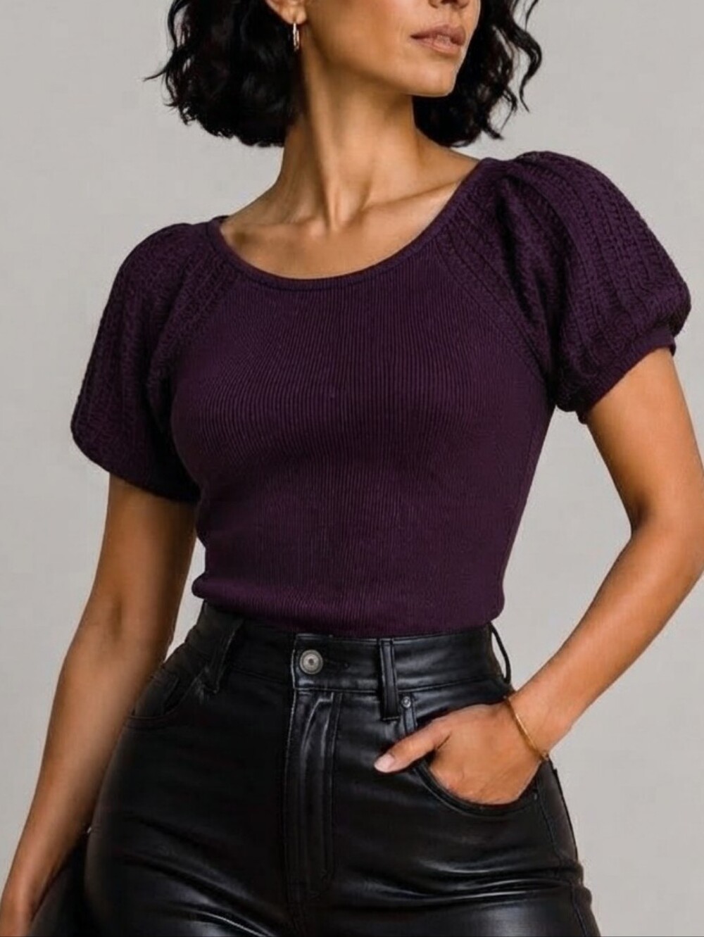 Women's Short Sleeve Ribbed Knit Top — Plum